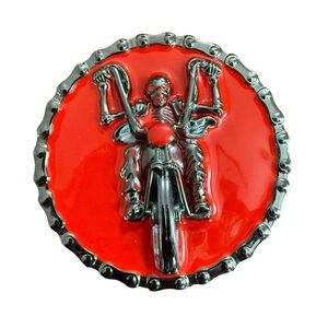 Biker Belt Buckle Red and Silver Tone Round Y2K Maximalism Edgy Festival Baddie
